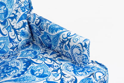 Accent chair in blue and white porcelain print linen fabric by HouseOfZazla on Tampa Home & Garden Store