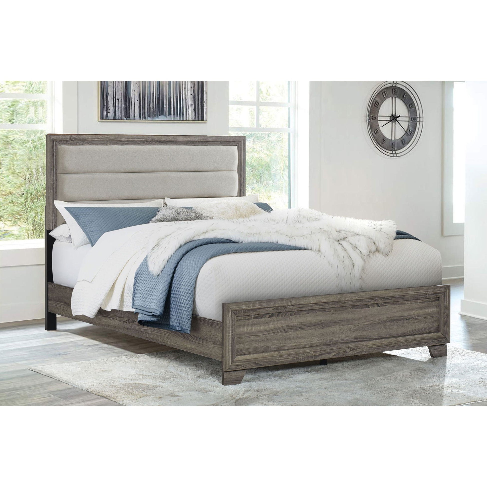 Funston queen bed with headboard in brown oak wood, beige upholstered panel bed on Tampa Home & Garden Store