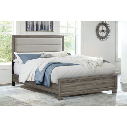 Funston queen bed with headboard in brown oak wood, beige upholstered panel bed on Tampa Home & Garden Store