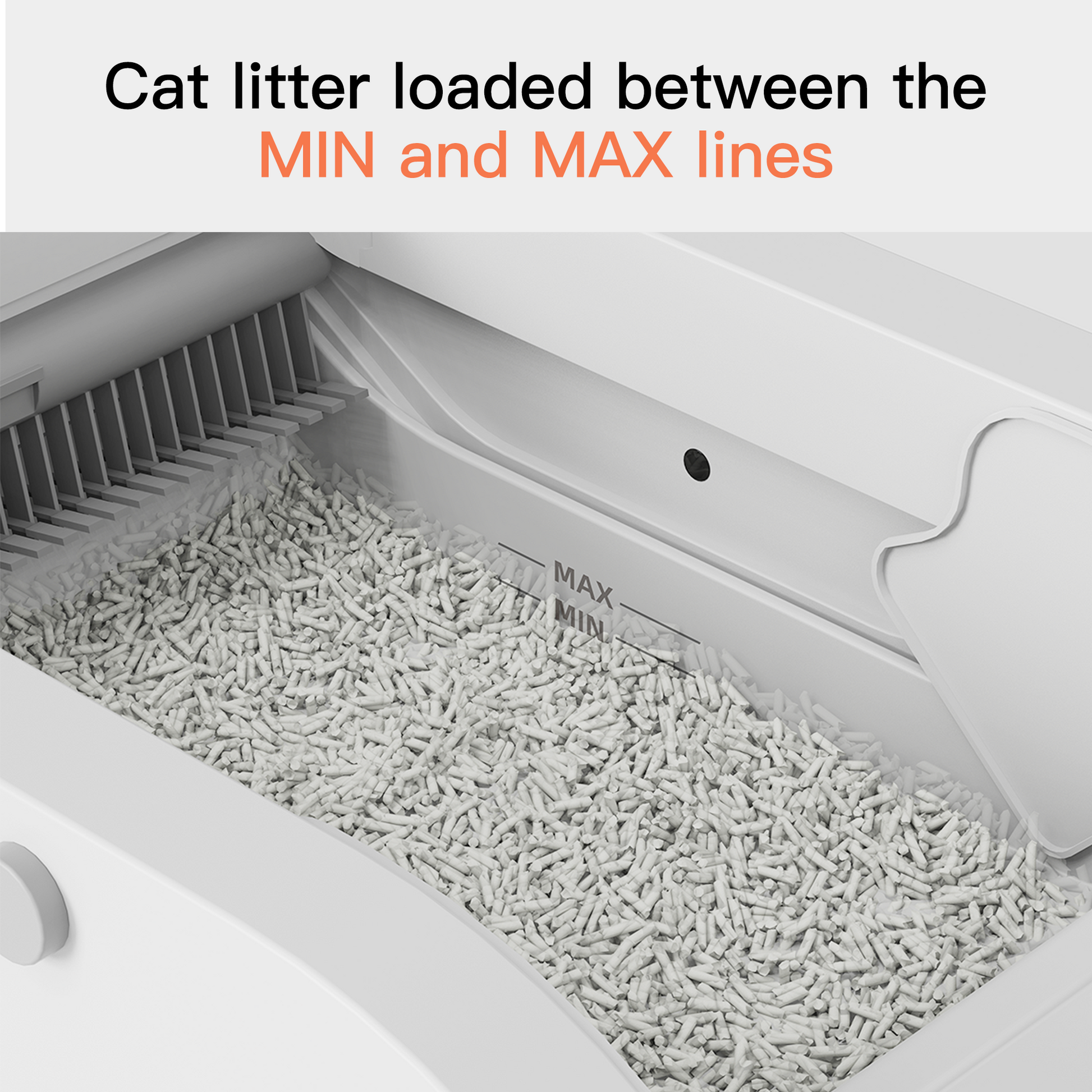 Smart Cat Litter Box with Wide Opening by HouseOfZazla, white plastic with MIN/MAX marks on Tampa Home & Garden Store