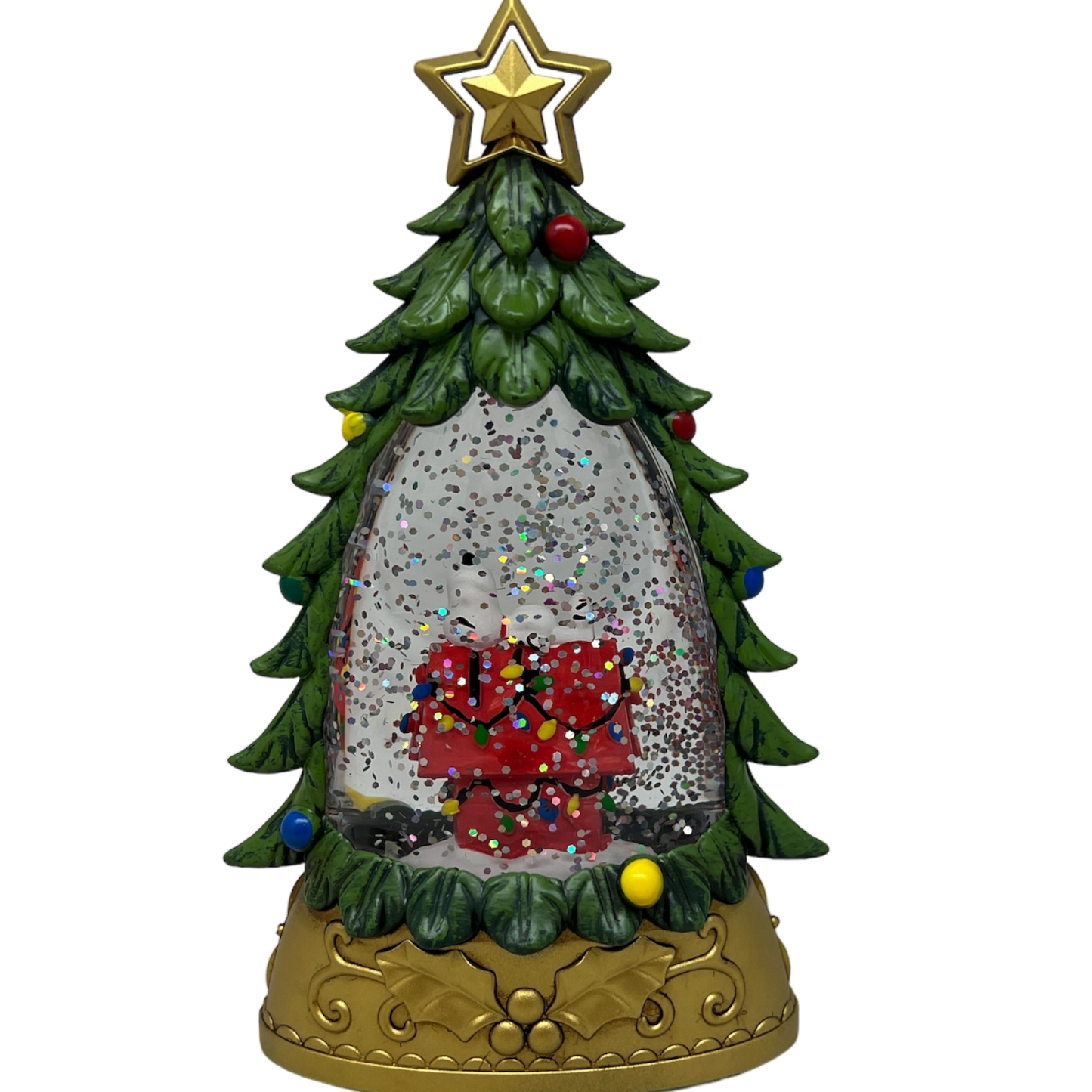 Lighted Snoopy Shimmer Tree with Snoopy on a doghouse inside glitter globe, branches on Tampa Home & Garden Store
