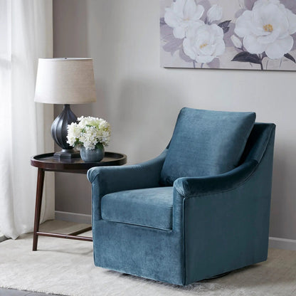 Blue Velvet Swivel Chair with Curved Arms