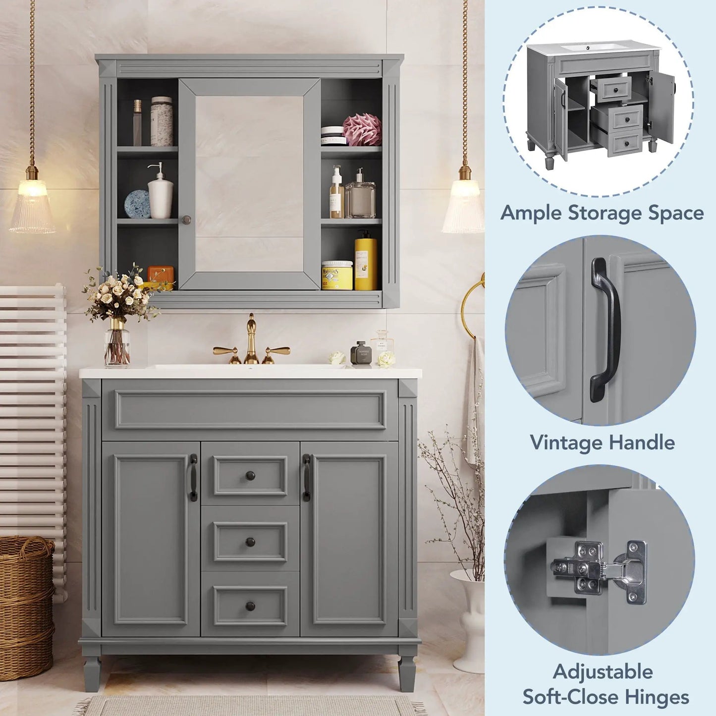 Bathroom vanity with top sink and mirror cabinet, 2 soft-close doors, 2 drawers on Tampa Home & Garden Store