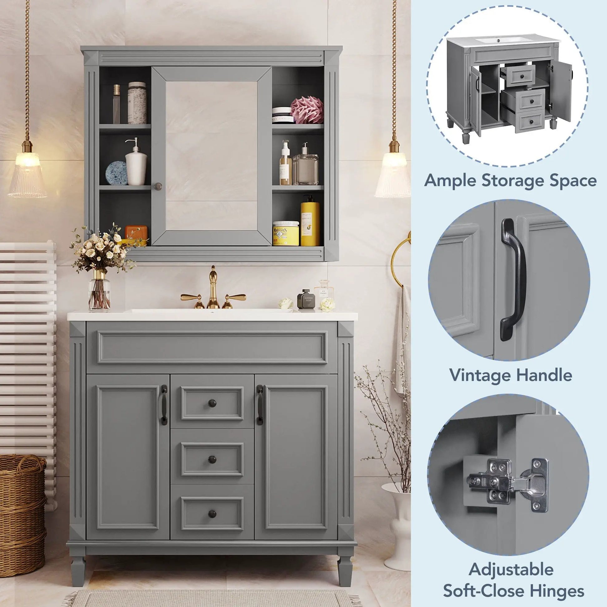 Bathroom vanity with top sink and mirror cabinet, 2 soft-close doors, 2 drawers on Tampa Home & Garden Store