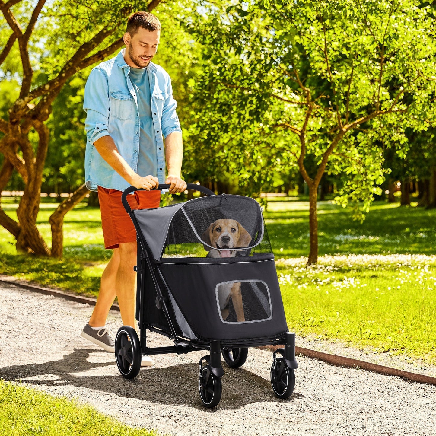 PawHut foldable dog stroller for medium to large dogs and cats, black mesh carrier on Tampa Home & Garden Store