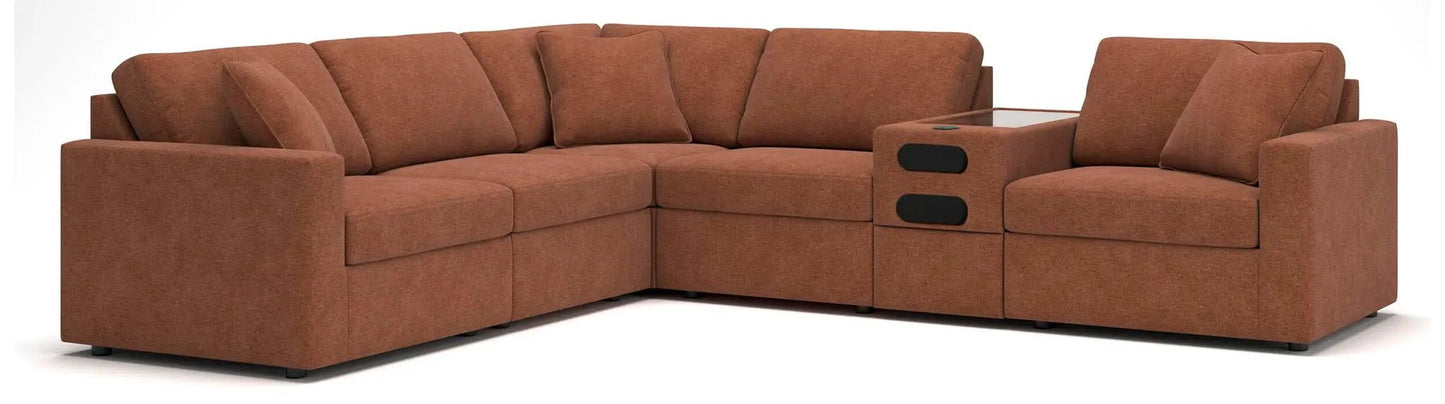 Modmax Spice sectional by Unique Piece Furniture, burnt-orange fabric, L-shaped with console on Tampa Home & Garden Store