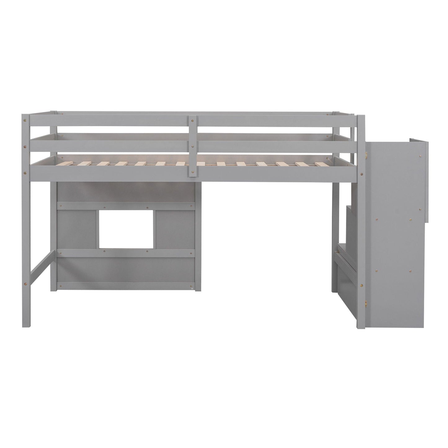Loft bed with storage staircase in gray metal frame on Tampa Home & Garden Store