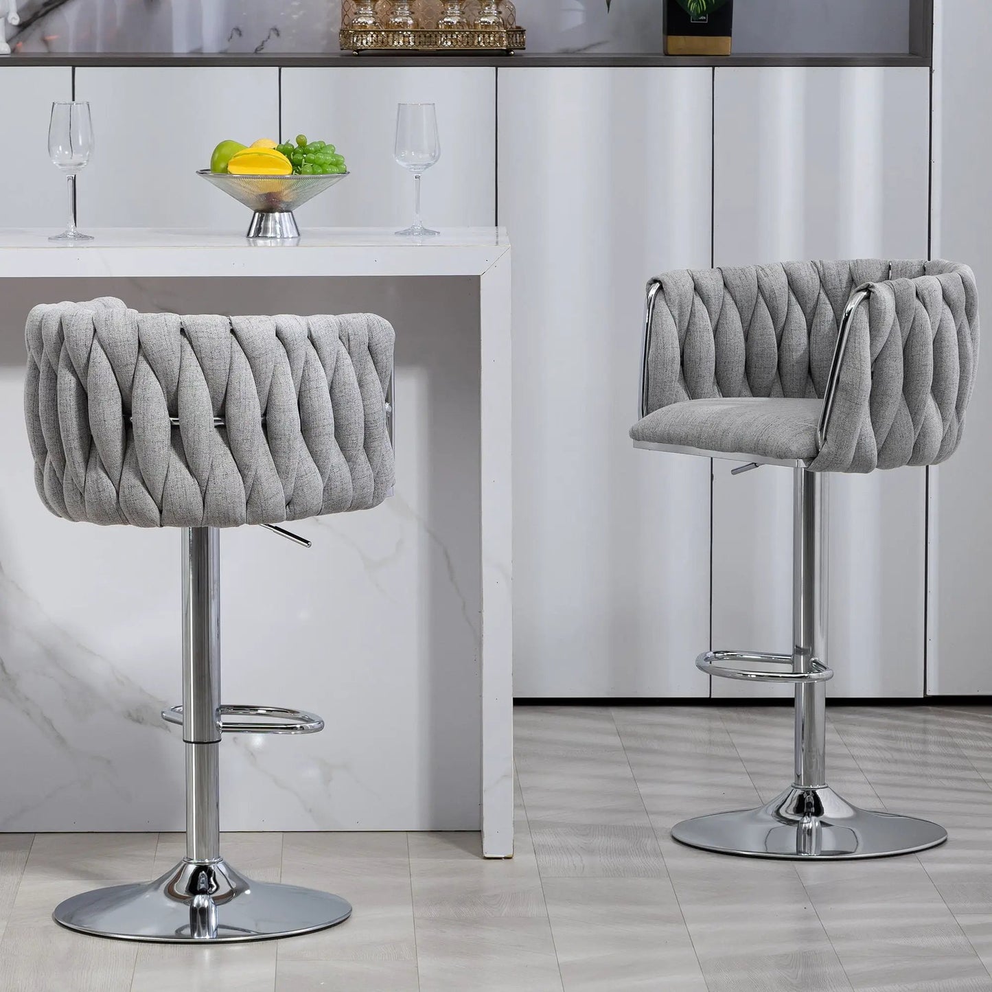 360 Degree Swivel Bar Stools gray with woven back and footrest, chrome base for island set of 2 on Tampa Home & Garden Store