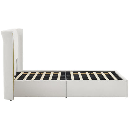 King size beige wing-back upholstered bed frame with padded headboard HouseOfZazla base on Tampa Home & Garden Store