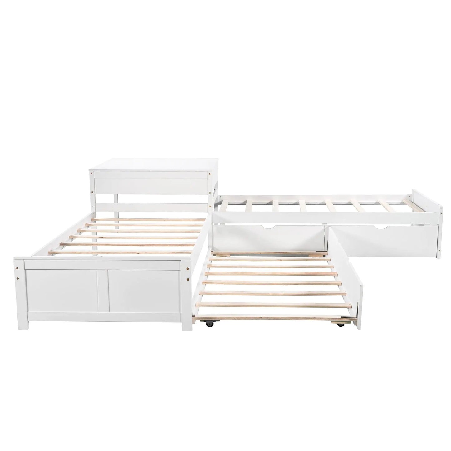 L-shaped white platform bed with desk, trundle and drawers on Tampa Home & Garden Store