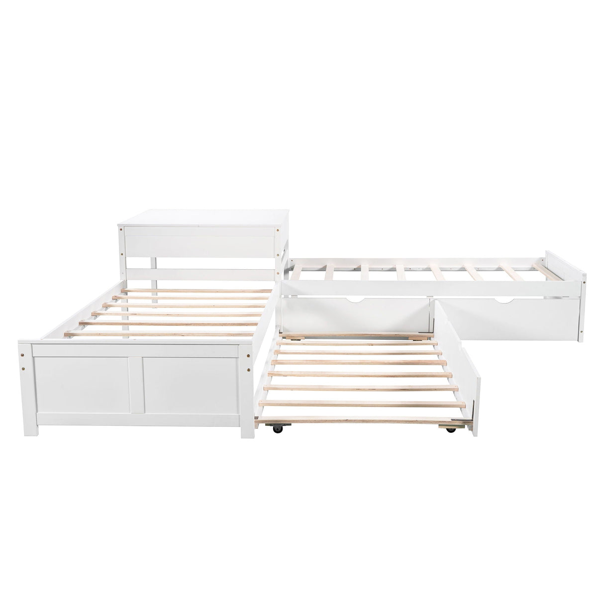 HouseOfZazla white L-shaped platform bed with built-in desk and trundle on Tampa Home & Garden Store