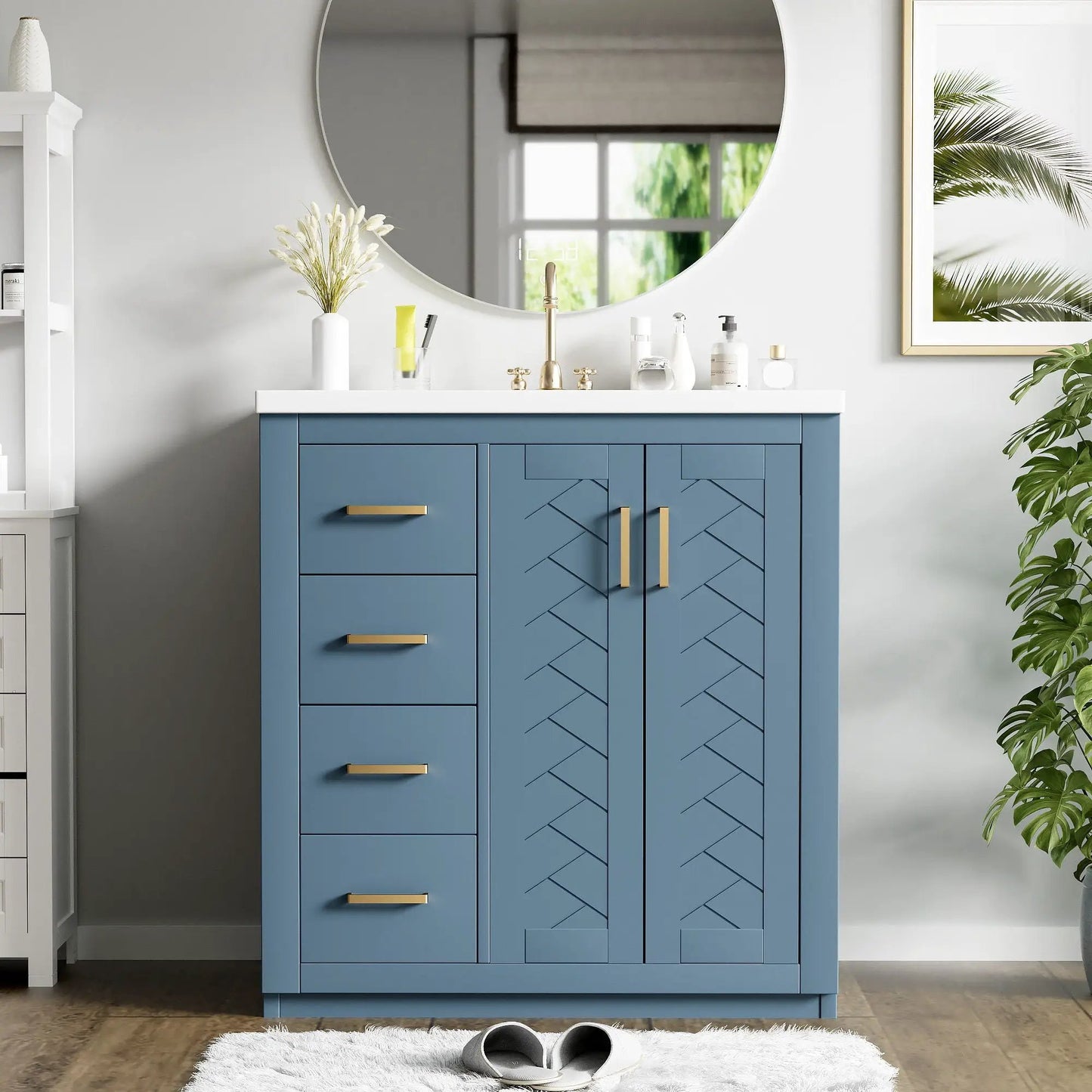 Ceramic sink vanity in blue with 3 drawers and soft-close doors, gold handles, white countertop on Tampa Home & Garden Store