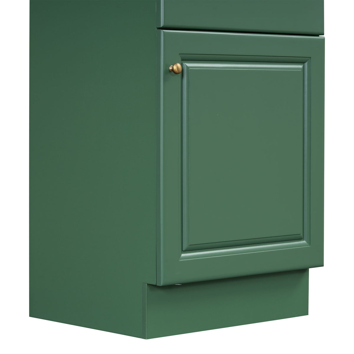 Green bathroom vanity cabinet with brass knob and framed panel door on Tampa Home & Garden Store
