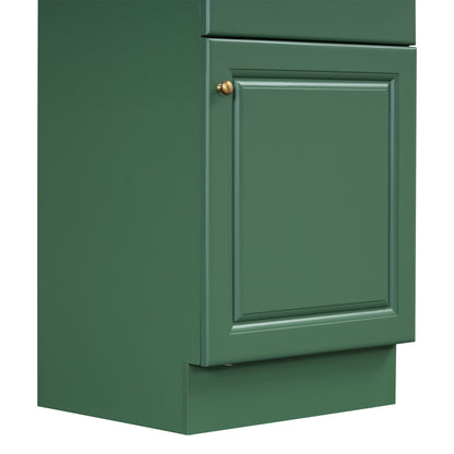 Green bathroom vanity cabinet with brass knob and framed panel door on Tampa Home & Garden Store