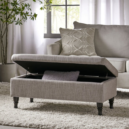 Wide tufted rectangle fabric storage ottoman in gray with concealed storage and open lid on Tampa Home & Garden Store
