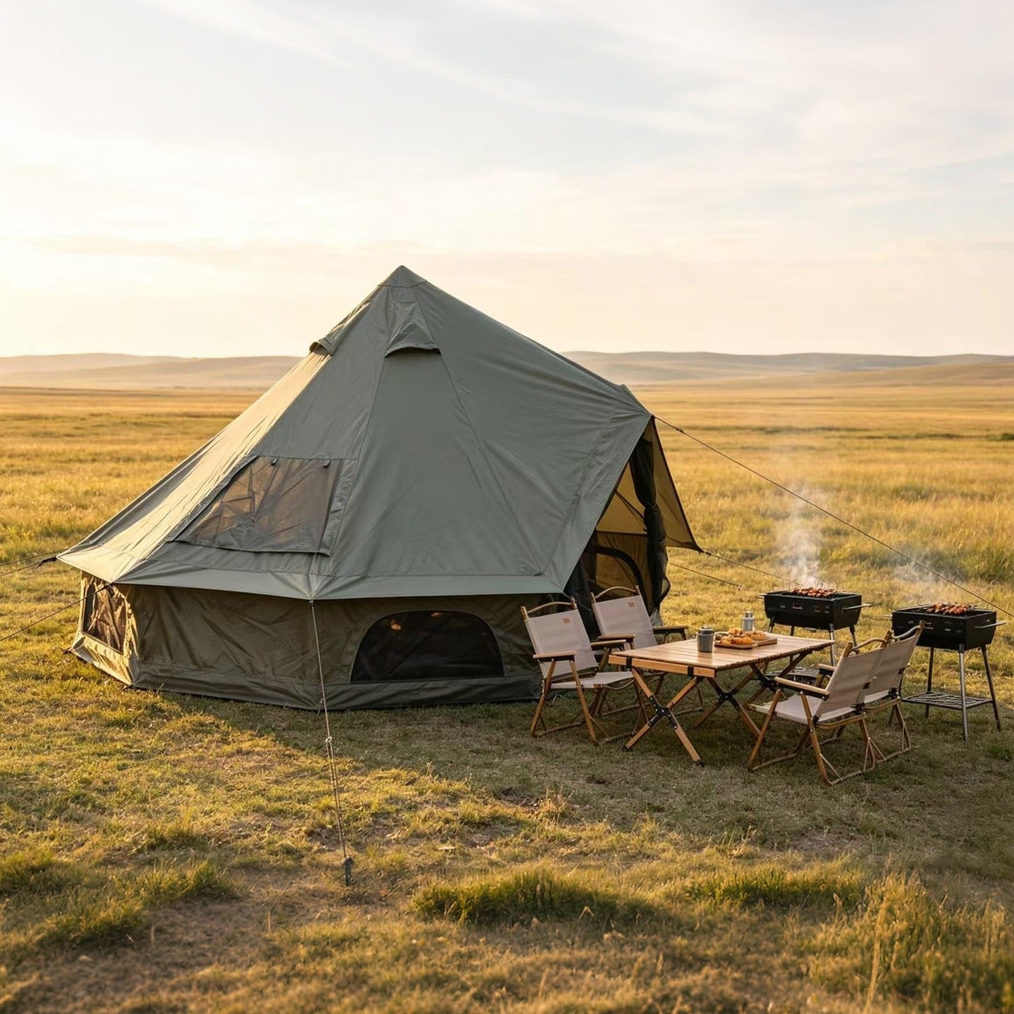 GemGear Oxford Bell Tent 13.1ft with stove jack, gray family camping tent at a spacious campsite on Tampa Home & Garden Store