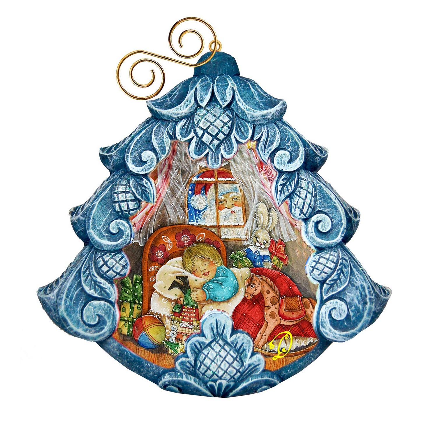Night Before Hand Painted Christmas Tree Ornament by G. DeBrekht, blue tree with figures on Tampa Home & Garden Store