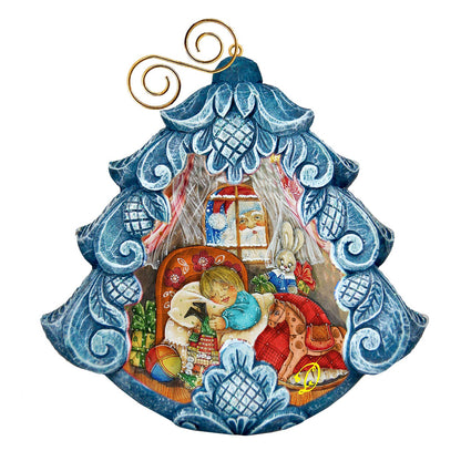 Night Before Hand Painted Christmas Tree Ornament by G. DeBrekht, blue tree with figures on Tampa Home & Garden Store