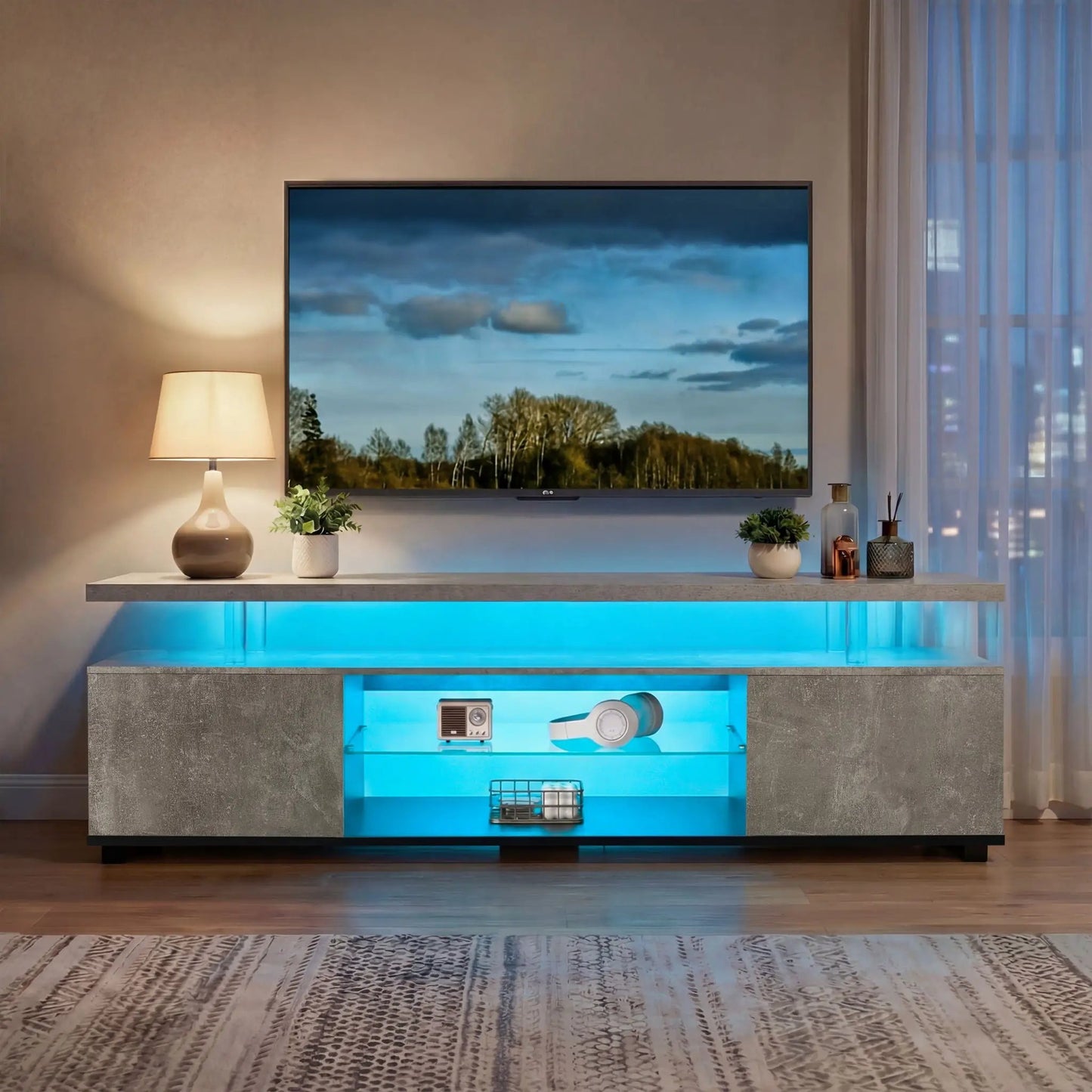 TV stand with LED lighting, gray concrete finish, large side cabinet under a flat-screen TV on Tampa Home & Garden Store
