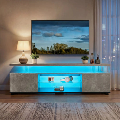 TV stand with LED lighting, gray concrete finish, large side cabinet under a flat-screen TV on Tampa Home & Garden Store