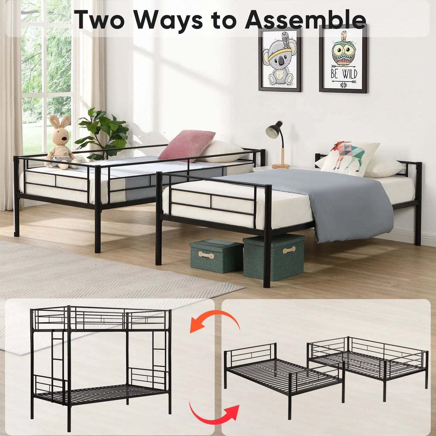 Bunk Bed With Trundle in black metal frame, twin mattresses by Unique Piece Furniture on Tampa Home & Garden Store