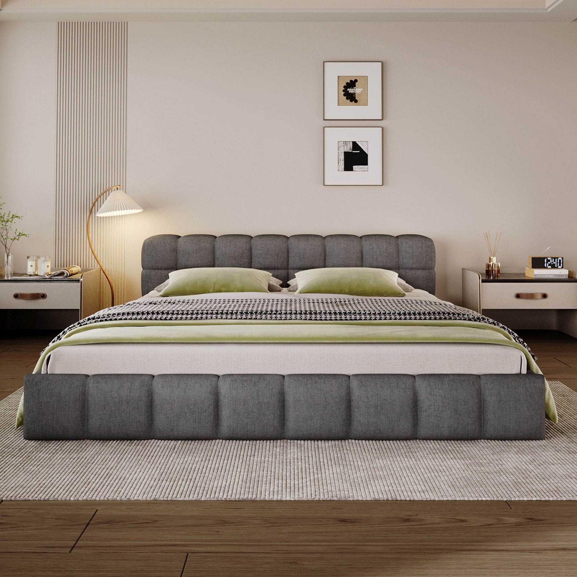Elegant Upholstered Bed in grey fabric with checkerboard throw by HouseOfZazla on Tampa Home & Garden Store