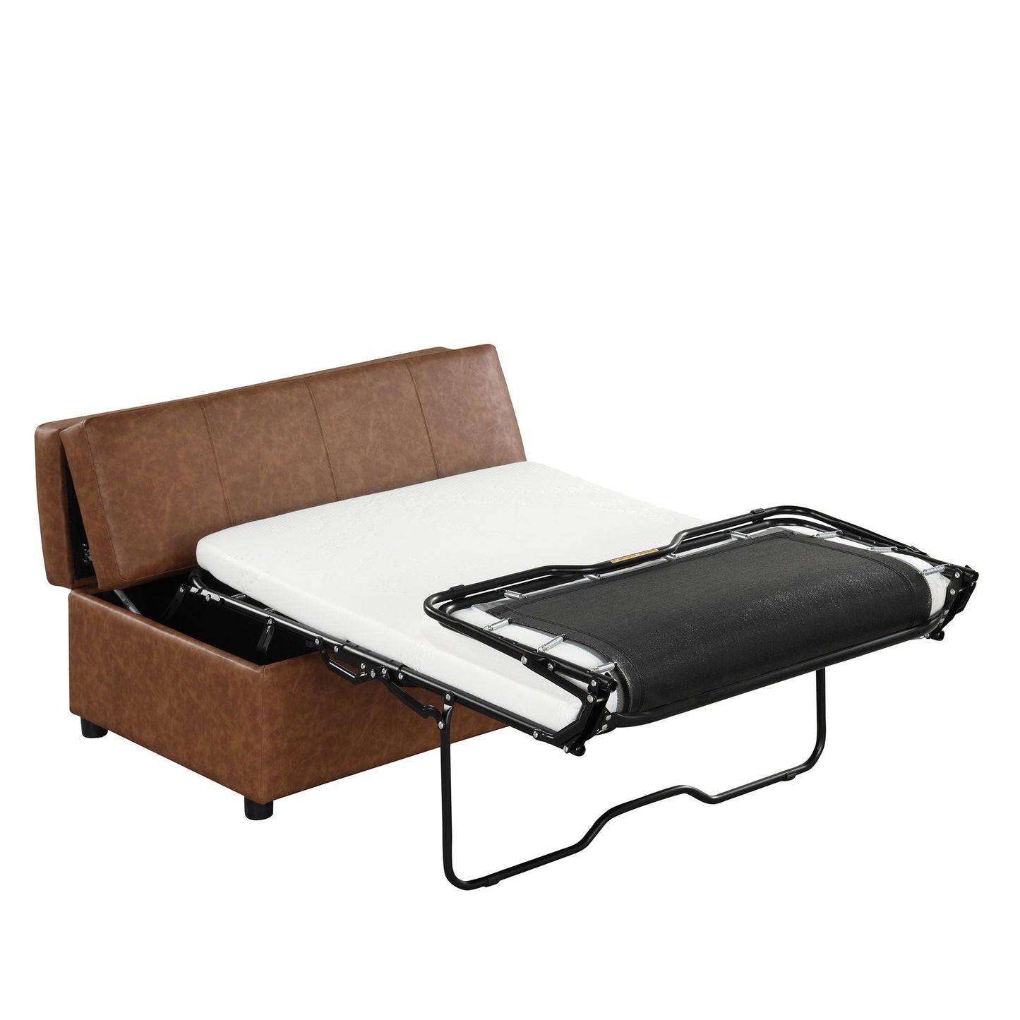 Twin size folding ottoman sleeper bed with mattress extended on brown leather upholstered frame on Tampa Home & Garden Store