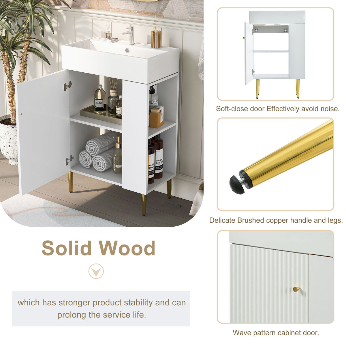 Bathroom vanity with single ceramic sink and side storage, white finish, gold legs HouseOfZazla on Tampa Home & Garden Store