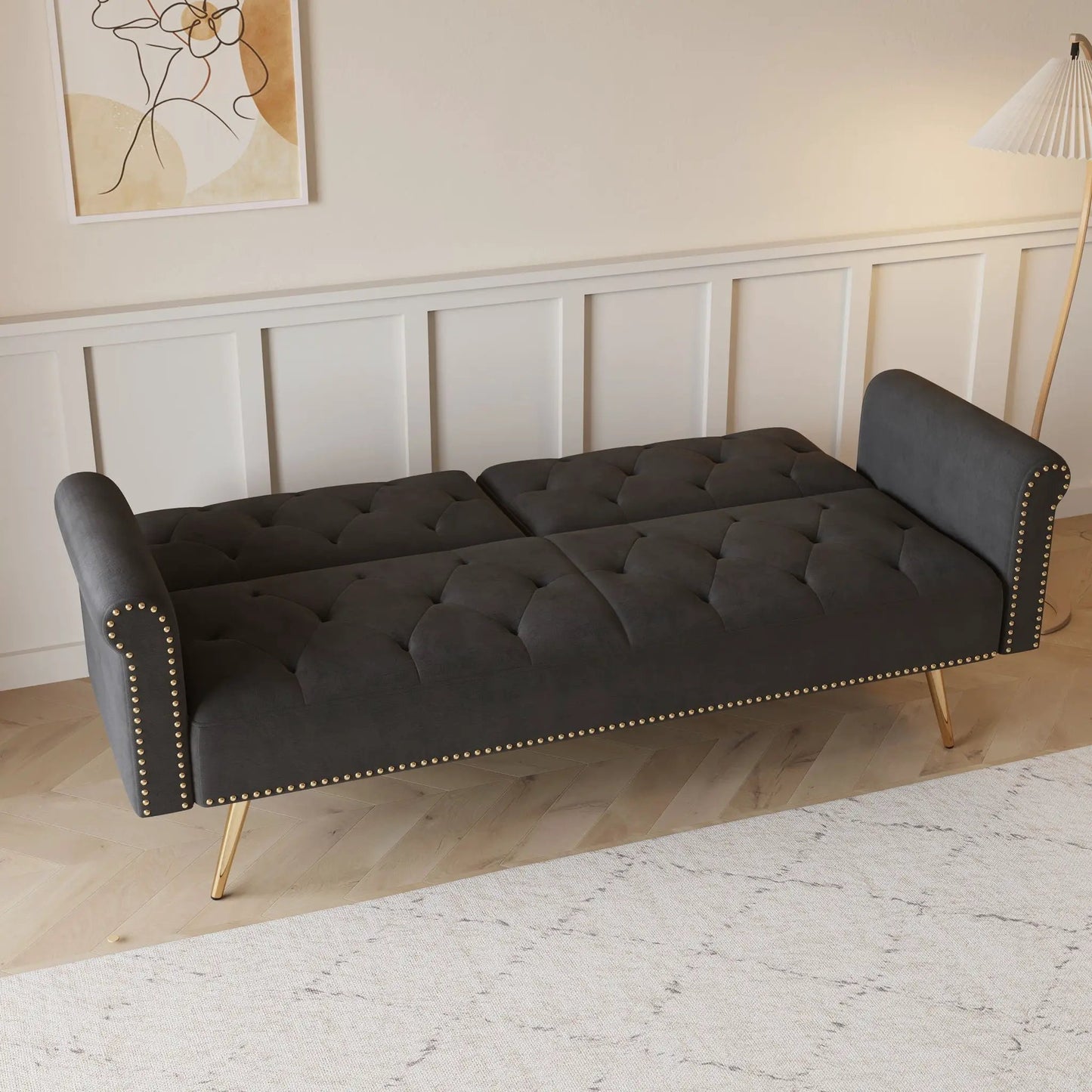 Luxurious tufted gray sofa bed with nailhead trim and gold legs by Unique Piece Furniture on Tampa Home & Garden Store