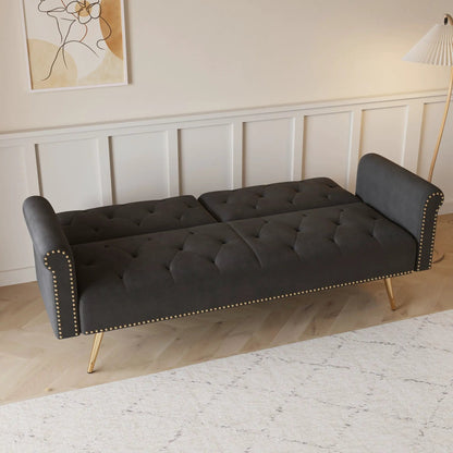 Luxurious tufted gray sofa bed with nailhead trim and gold legs by Unique Piece Furniture on Tampa Home & Garden Store