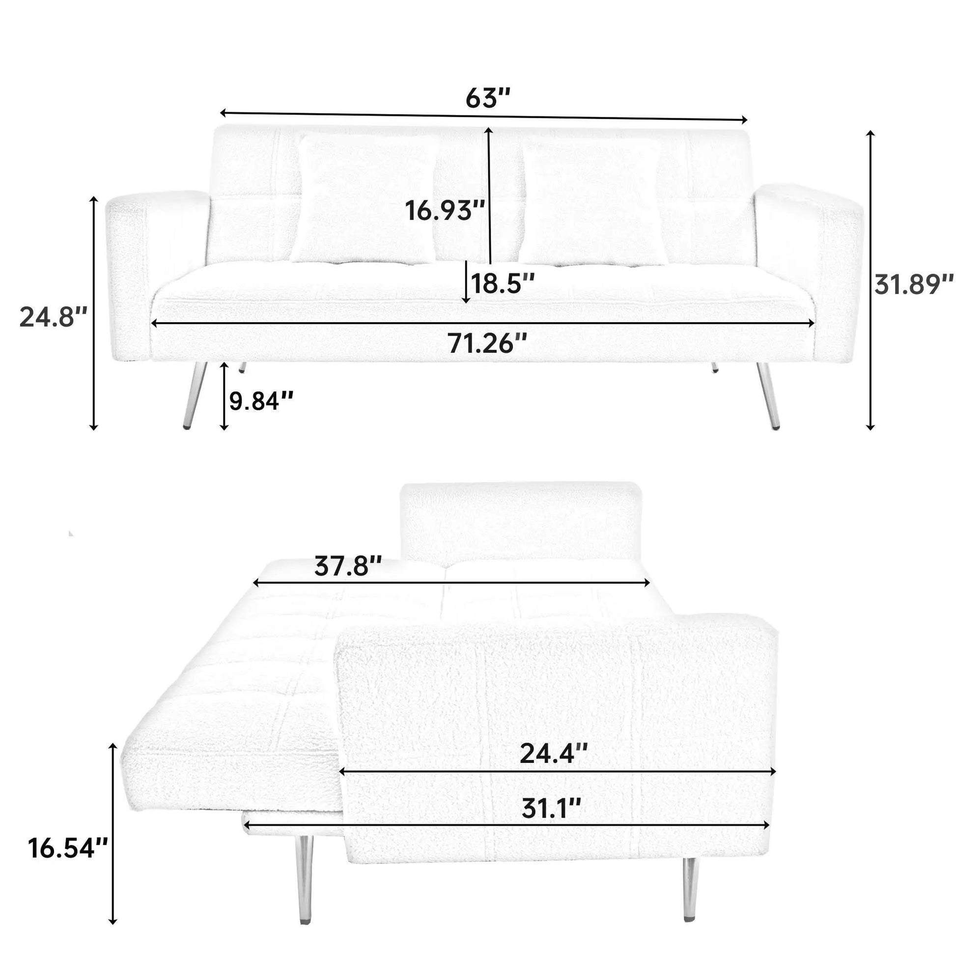 Teddy fleece futon sofa bed in white with luxurious throw pillows by Unique Piece Furniture on Tampa Home & Garden Store