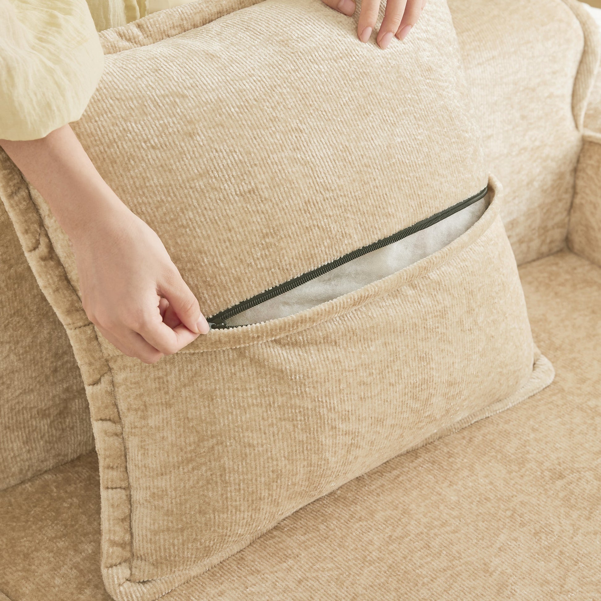 Streamlined 2-Seat L-Shape Sofa in beige velvet with zipper detail by HouseOfZazla on Tampa Home & Garden Store