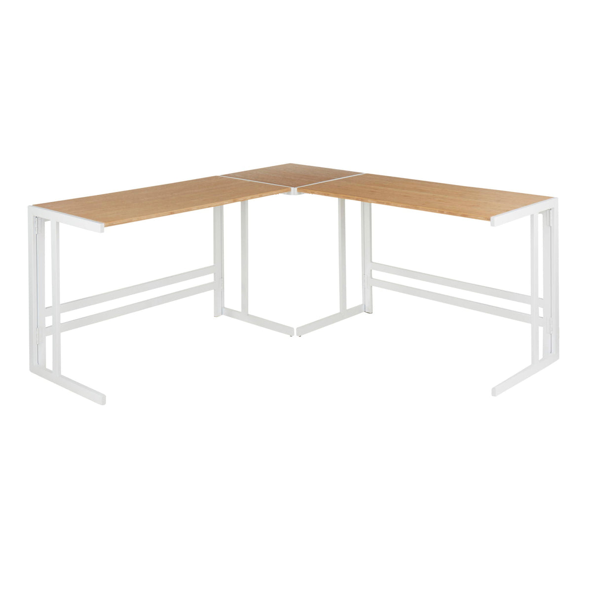 Industrial two-piece L-shaped corner desk with bamboo top in natural color on white frame on Tampa Home & Garden Store