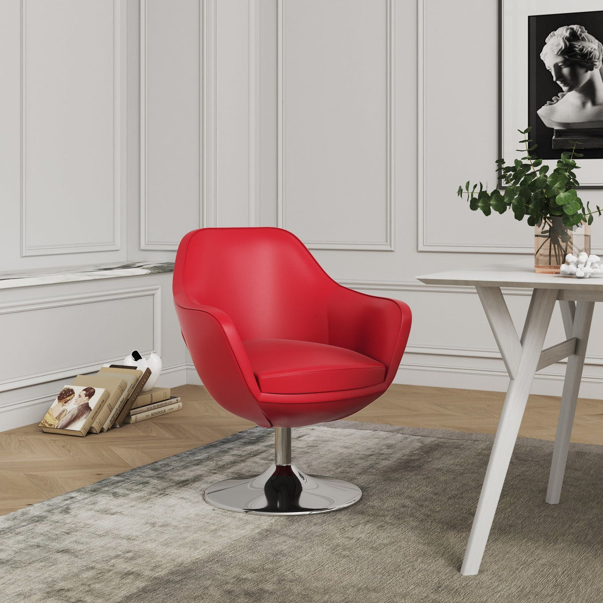 Caisson Swivel Lounge Chair red leather with chrome pedestal base by HouseOfZazla on Tampa Home & Garden Store