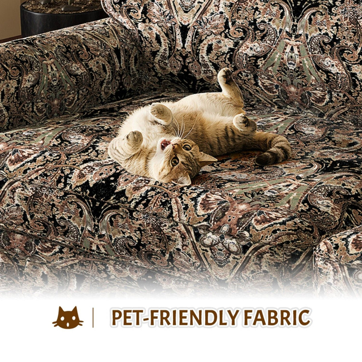 Comfortable Cloud Sofa with Rolled Arms and Skirt in paisley upholstery, cat on sofa on Tampa Home & Garden Store