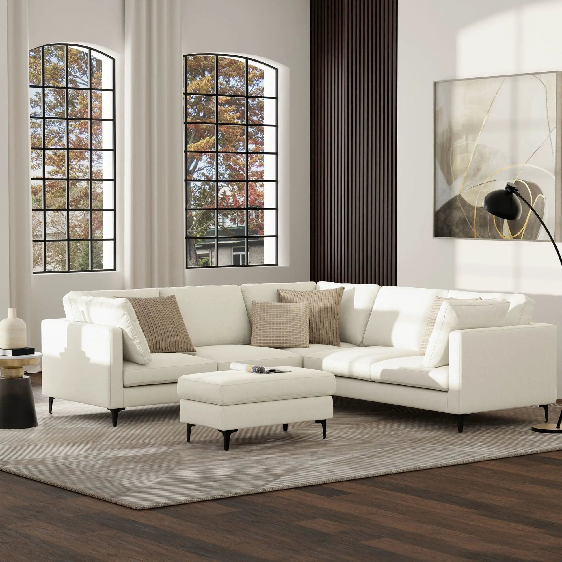 Ava mid-century corner sectional sofa handcrafted in white upholstery with black metal legs on Tampa Home & Garden Store