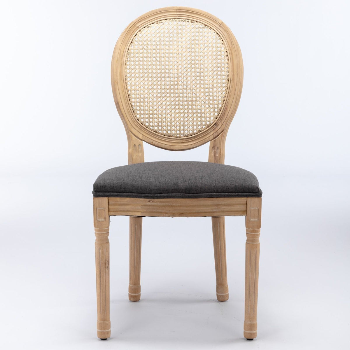 French style solid wood dining chair with rattan back and dark gray cushion, natural wood frame on Tampa Home & Garden Store