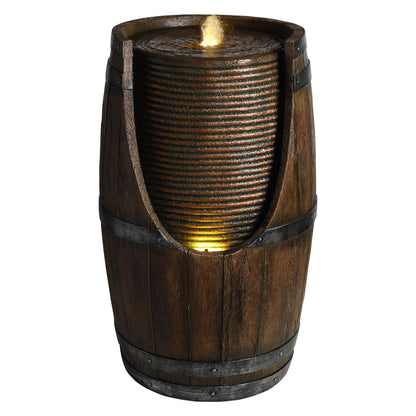 Outdoor barrel water fountain by HouseOfZazla in rustic wood-look resin brown ribbed tank on Tampa Home & Garden Store