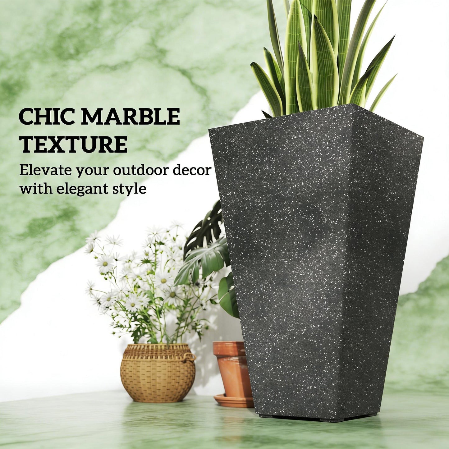 Stackable taper planters set of 3 in speckled black finish with green snake plant by HouseOfZazla on Tampa Home & Garden Store