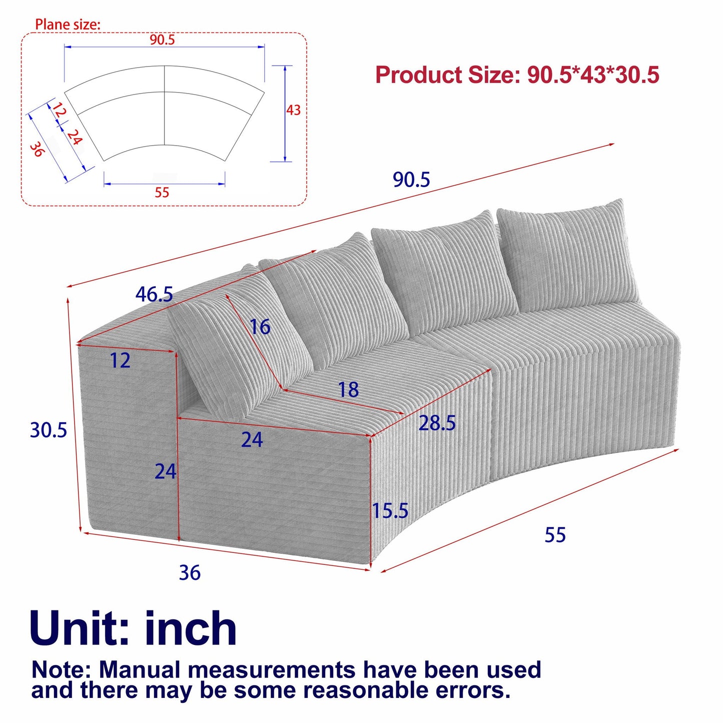 Curved Modular Sectional Sofa and Four Pillows