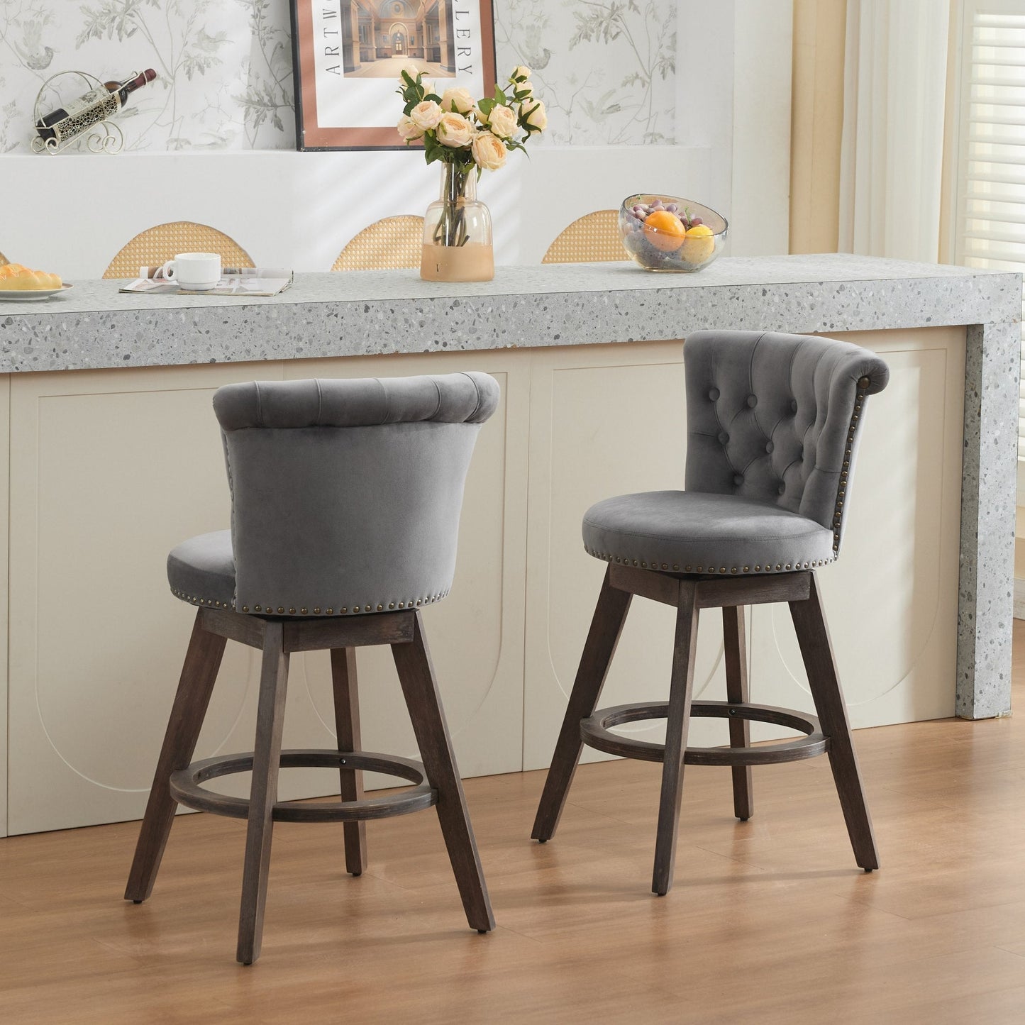Counter-height bar stools set of 2, 26in, with 360° swivel, and gray velvet upholstery on Tampa Home & Garden Store