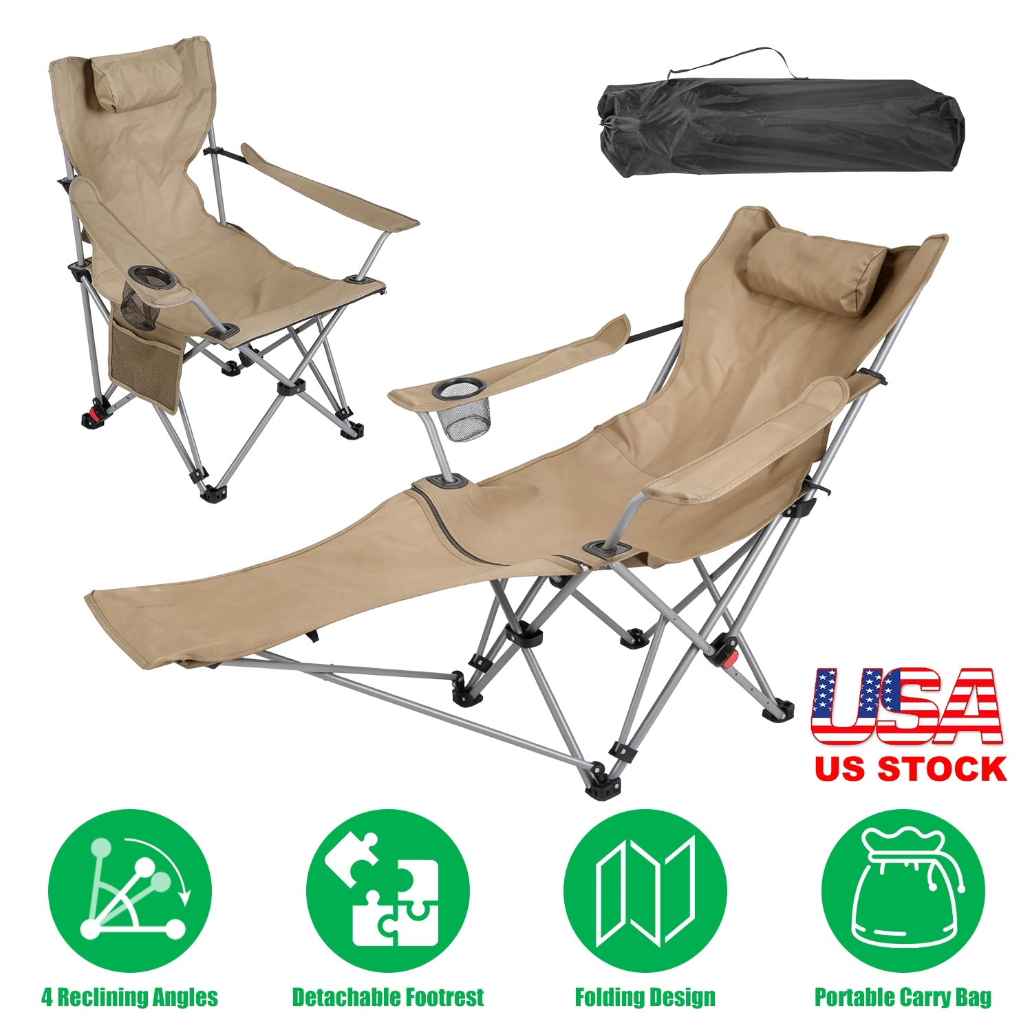GemGear reclining camping chair with footrest in tan; 4-position headrest, cup holder on Tampa Home & Garden Store