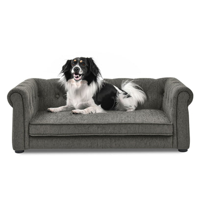Elevated dog sofa bed in gray upholstery; modern rectangle pet bed with plush sides on Tampa Home & Garden Store