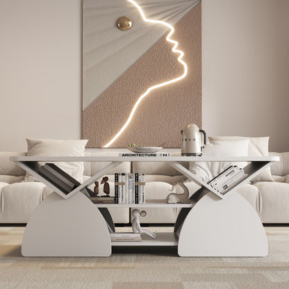 Geometric Engineered Coffee Table with Open Shelves in white finish with metallic legs on Tampa Home & Garden Store