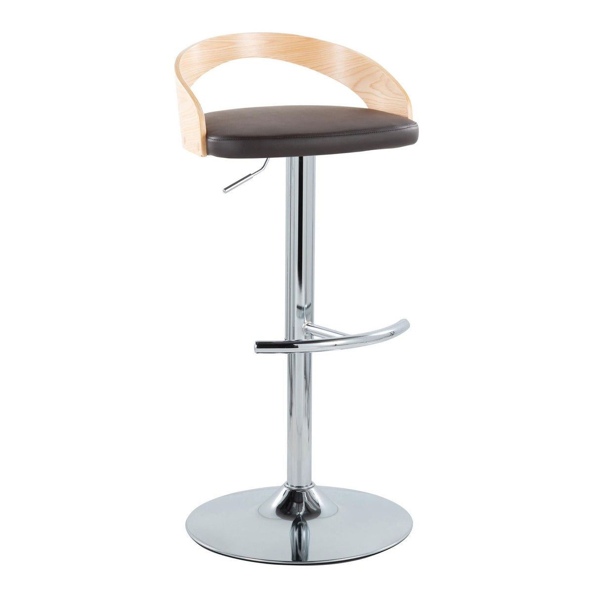 Contemporary barstool with dark brown cushioned seat, light wood back, chrome pedestal on Tampa Home & Garden Store