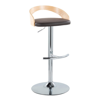 Contemporary barstool with dark brown cushioned seat, light wood back, chrome pedestal on Tampa Home & Garden Store