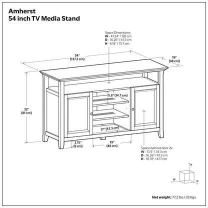 Amherst TV Media Stand 54in wide wood console with doors and shelves on Tampa Home & Garden Store