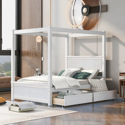 Canopy platform bed with drawers white finish slat support no box spring Unique Piece Furniture on Tampa Home & Garden Store