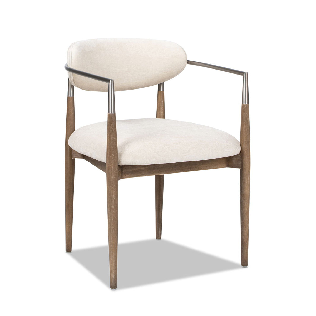 Artemis upholstered dining arm chair warm white fabric with brushed nickel arms HouseOfZazla on Tampa Home & Garden Store
