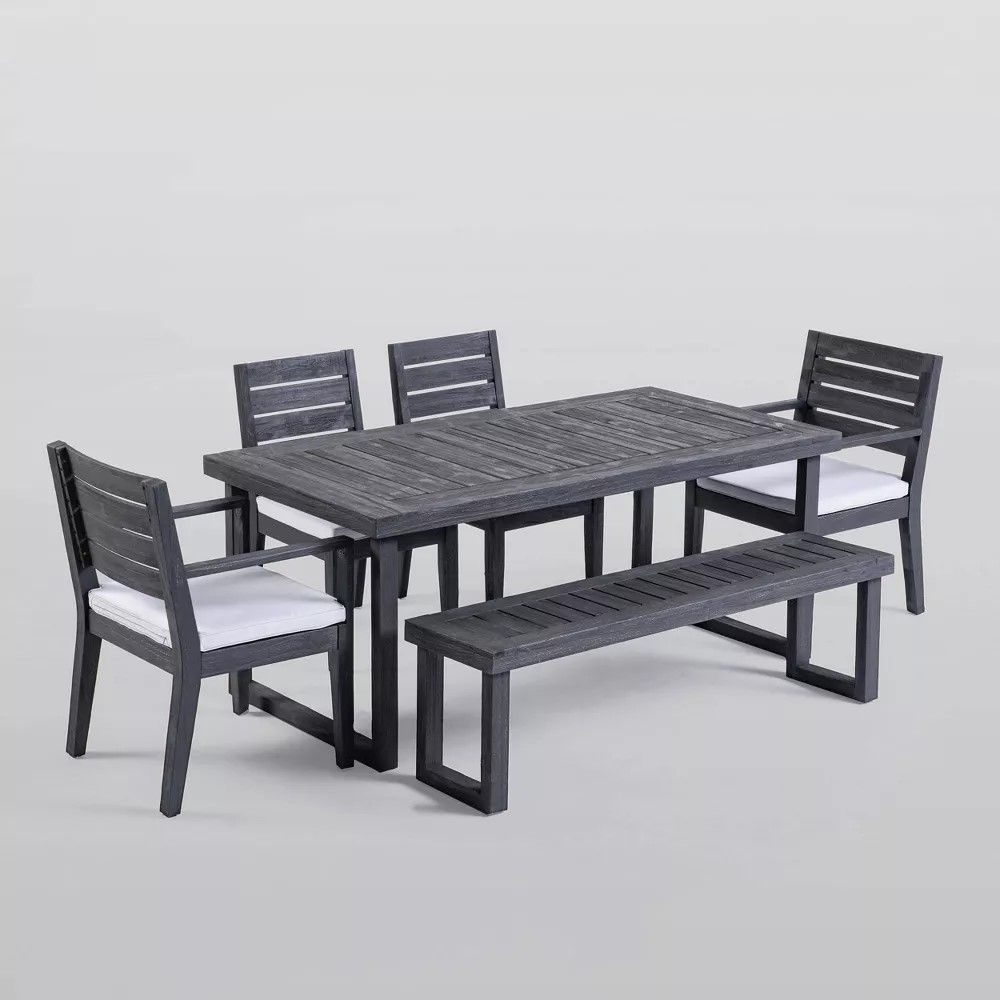 Outdoor 6-piece dining set with bench in dark gray finish and white cushions HouseOfZazla on Tampa Home & Garden Store